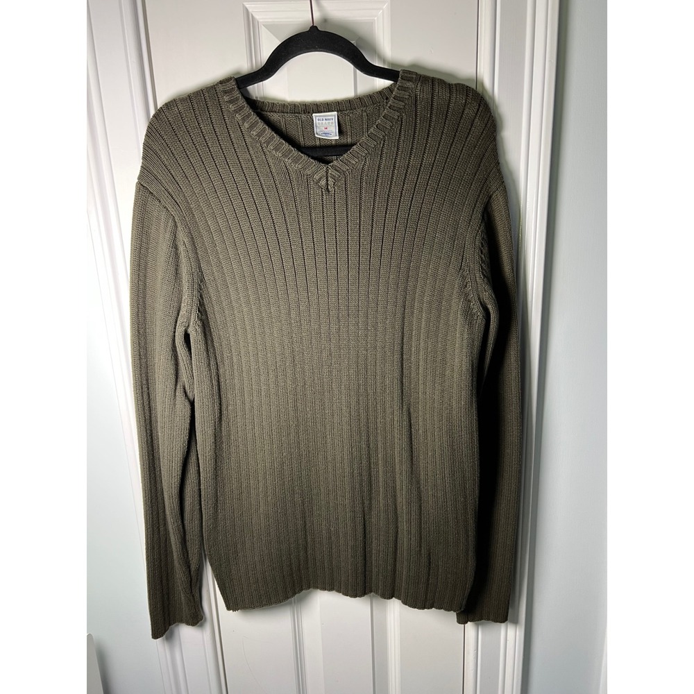 Old Navy Mens V-Neck Ribbed Knit Sweater Olive Green 100% Cotton Size M